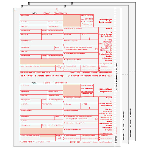 1099-NEC Laser 3 Part Tax Forms Set