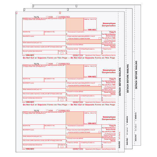 1099-NEC Laser 3 Part Tax Forms Set